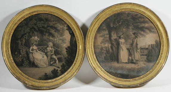 PR OF FRAMED ROUND 18TH C. MEZZOTINT ENGRAVINGS: English Georgian "Rustic Courtship" & "Polite Courtship", after Edward Dayes (1763-1804), depicting couples in locations and costumes of Country & Town, circa 1780, the circular image has been cut fro