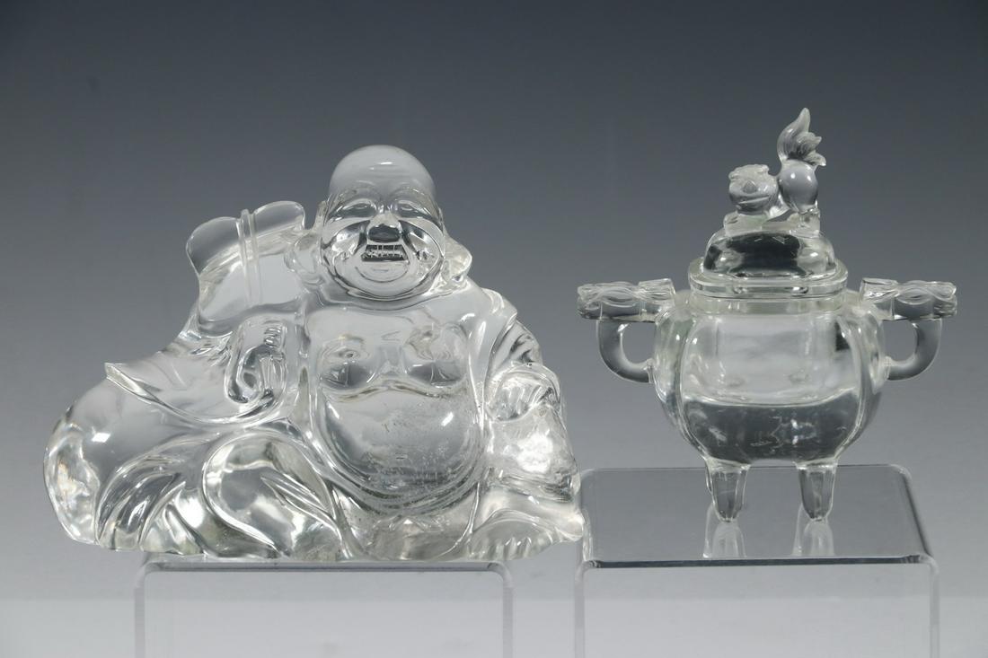 (2 PCS) CHINESE CARVED ROCK CRYSTAL, BUDDHA & KORO (1 of 4)