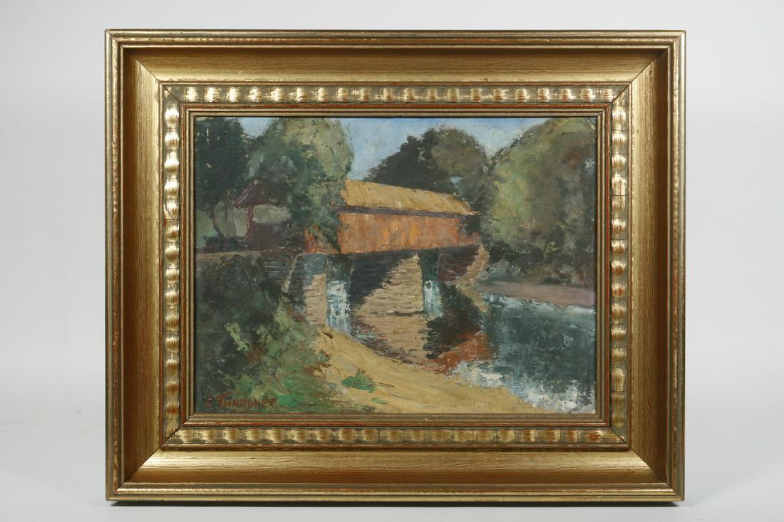 LESLIE (CHARLES LESLIE) THRASHER (NY, 1889-1936): The Old Covered Bridge, oil on upson board, signed lower let "C. Thrasher", an early painting, in later gold cove frame, OS: 13" x 16", SS: 8 1/4" x 11 1/4". Good condition.