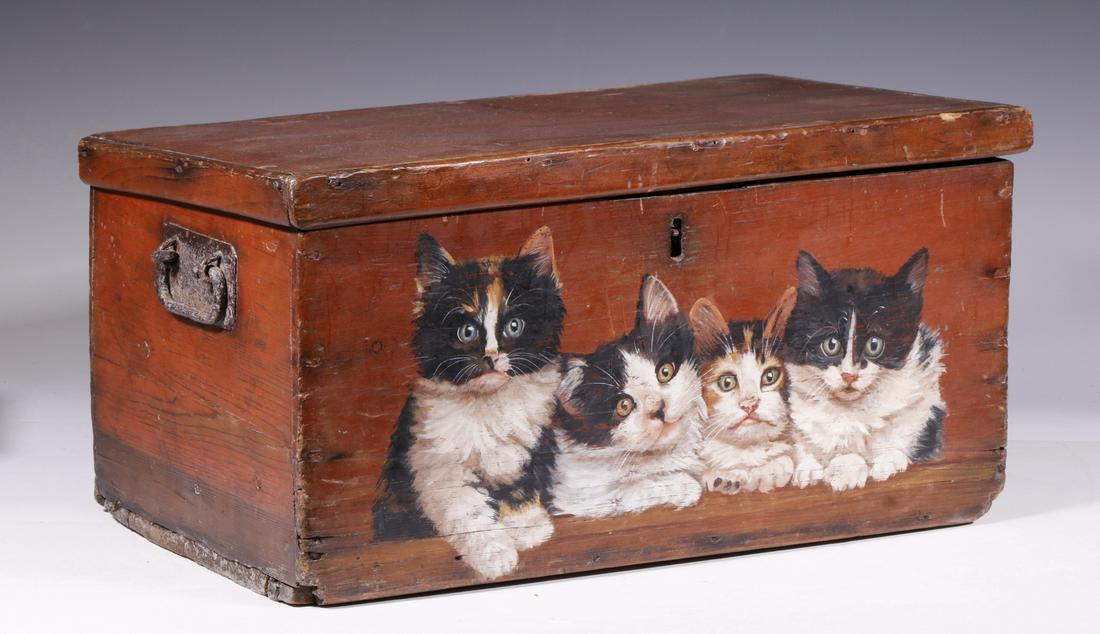 EARLY PINE BOX WITH PAINTED CATS (1 of 3)