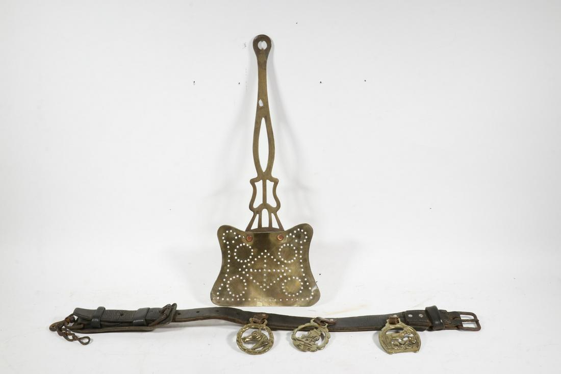 BRASS FIREPLACE SHOVEL & HORSE BRIDLE WITH BRASSES (1 of 3)