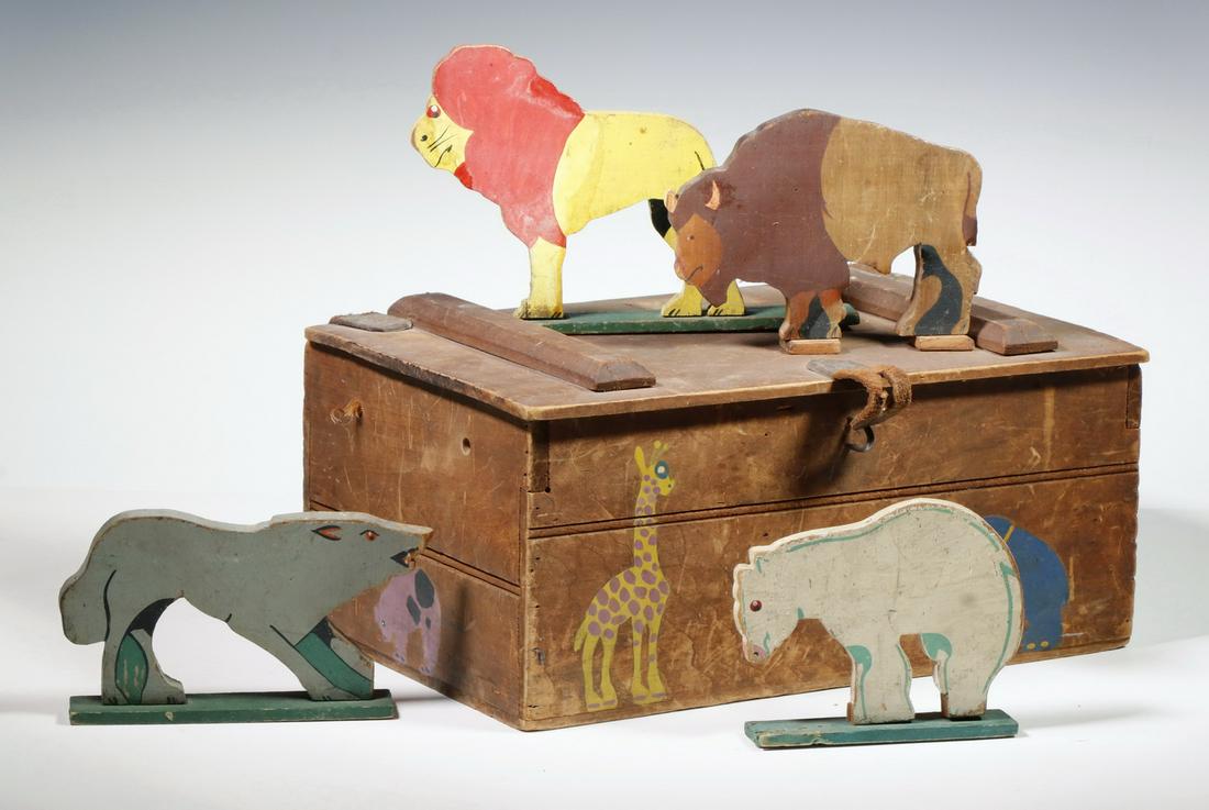 PAINTED FOLK ART TOY BOX WITH WOODEN ANIMALS (1 of 2)