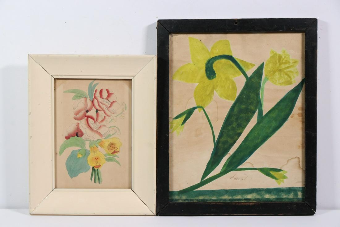 (2) SMALL 19TH C. FRAMED PRIMITIVE WATERCOLORS (1 of 2)