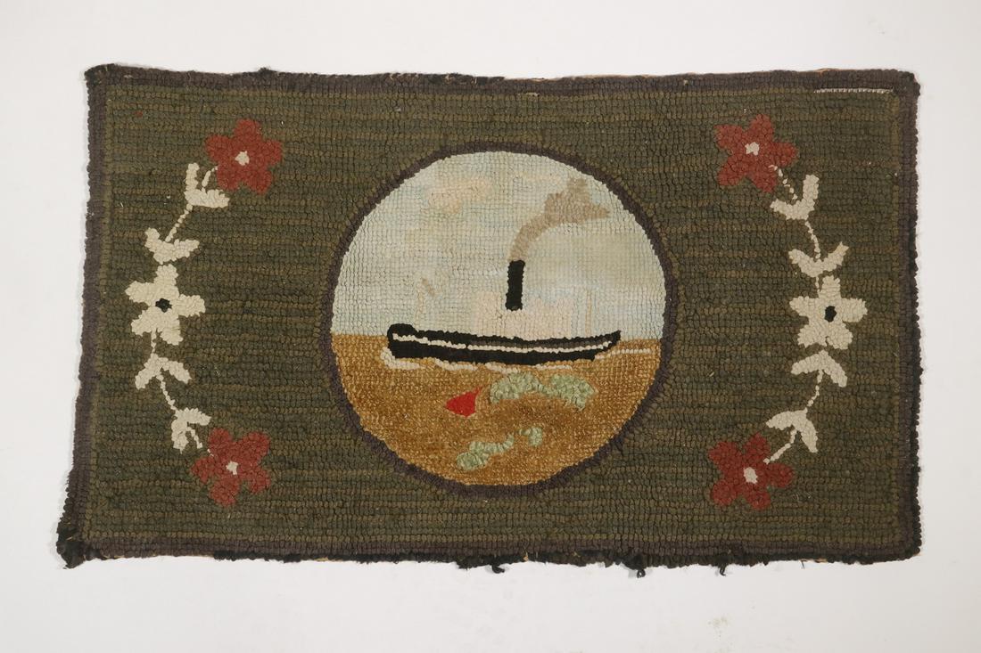 HOOKED RUG WITH BOAT - 28 1/4" x 17" (1 of 2)