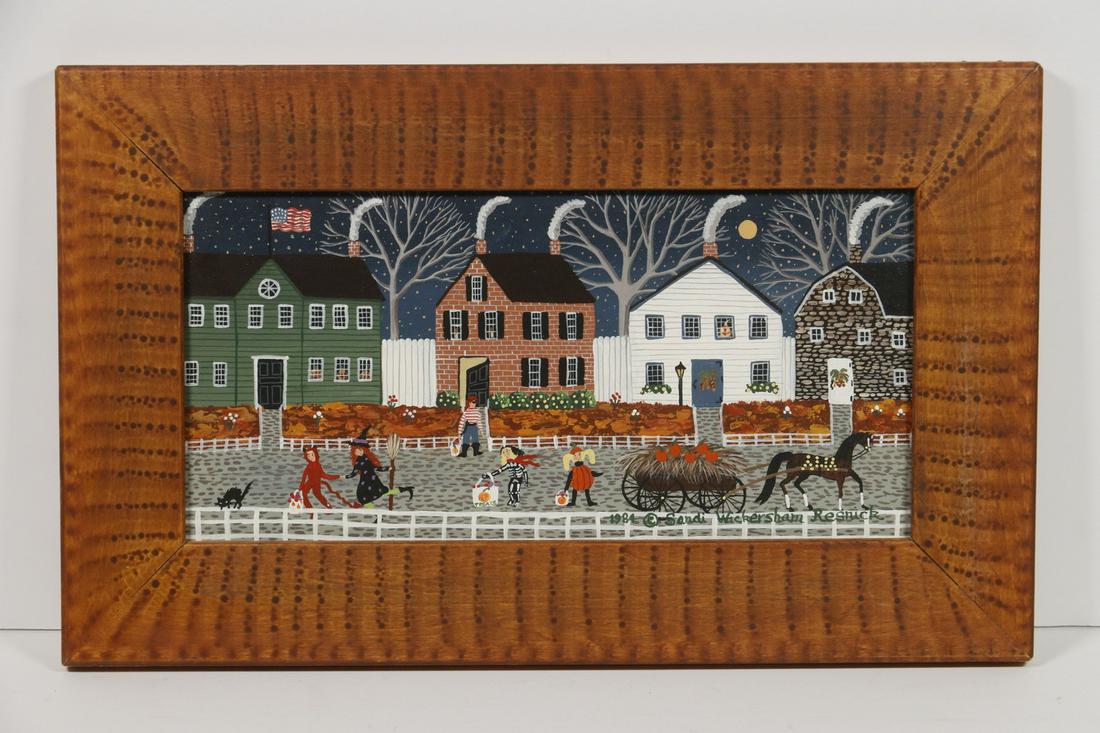 SANDI WICKERHAM RESNICK (CONTEMPORARY): "Trick or Treat Evening", oil on canvas, signed and dated 1984 lower right; signed, titled and dated verso, depicting a New England village with children in costume, in faux painted tiger maple frame,