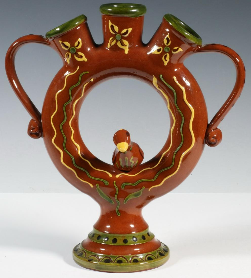 BREININGER POTTERY TRIPLE VASE WITH BIRD FIGURE (1 of 4)