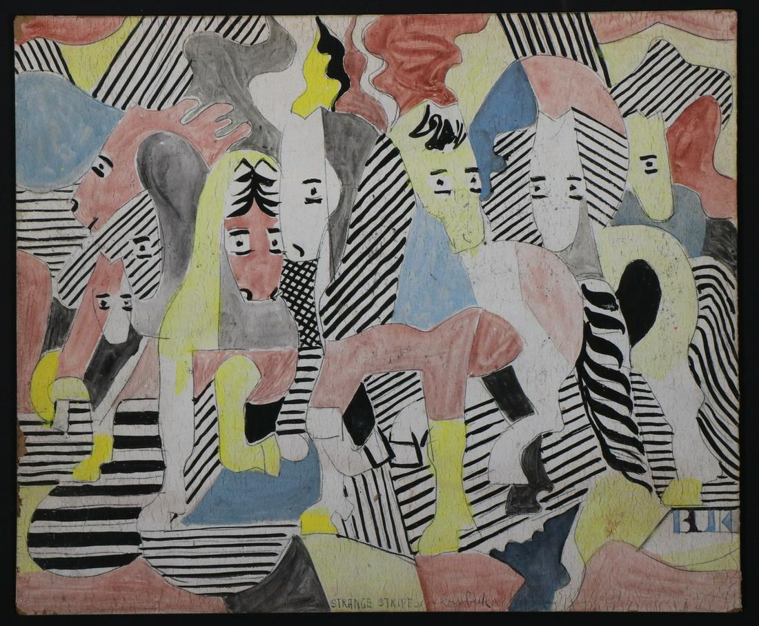 EDUARD BUK ULREICH (CA/NY/HUNGARY/AUSTRIA, 1889-1966): Double-Sided Painting, "Strange Stripes" (zebras) & "Morning Glory" (horses), both signed, gouache and ink on thin primed lauan plywood, unframed, 14" x 16 3/4". Some wear.