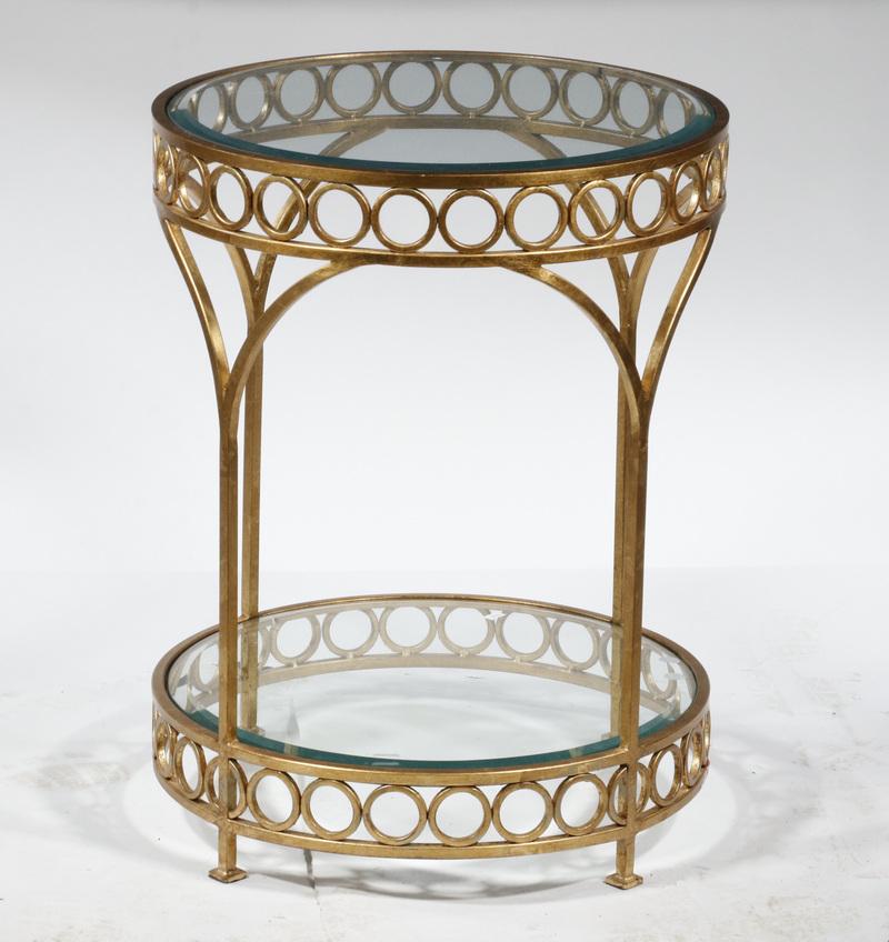ROUND GILT METAL TABLE WITH BEVELED GLASS TOP AND LOWER (1 of 2)