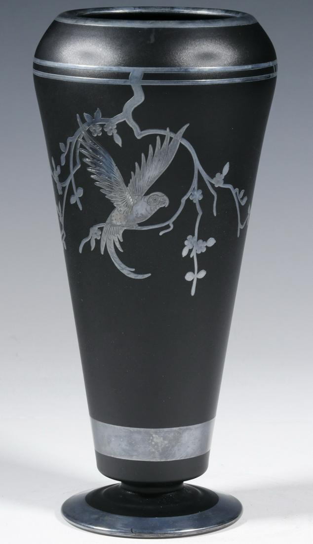 ART DECO BLACK GLASS VASE WITH SILVER OVERLAY (1 of 2)