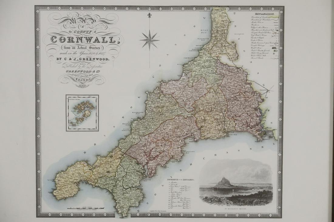 (4) FRAMED REPRODUCTION C & J GREENWOOD ENGLISH COUNTY: Group of (4) Framed Maps, by Charles and John Greenwood, orig. publ. by Greenwood & Co., London, in gilded and molded wooden frames, OS: 21 1/4" x 24 3/4", incl: County of Cornwall in 1826 & 1827; Cou