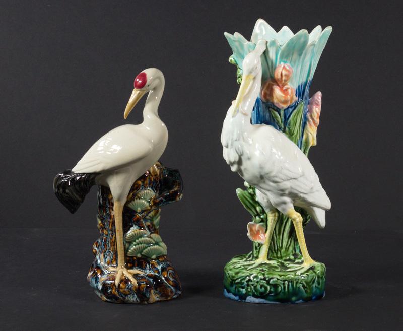 (2) MAJOLICA VASES WITH STANDING CRANE & STORK (1 of 4)
