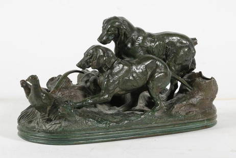 ALFRED BARYE (FRANCE, 1839-1882): Figural Grouping of Two Hounds pursuing pheasants desk bronze, signed on base, patinated bronze, roughly 5" x 10" x 4". Tail gone from one hound.