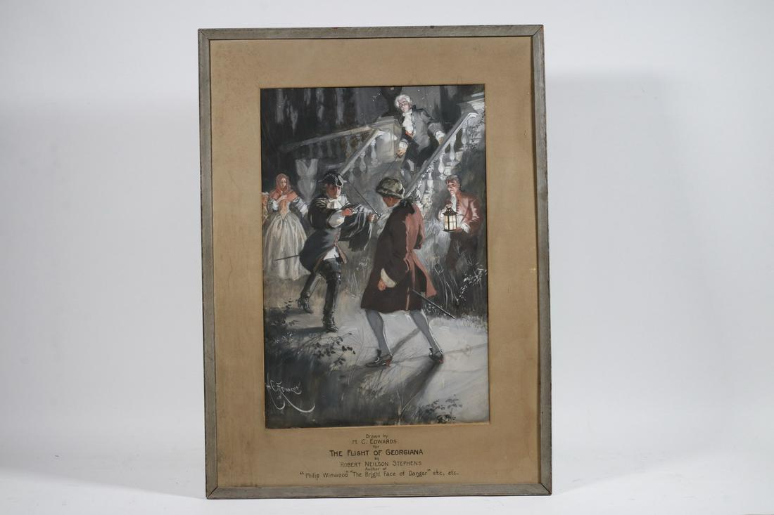 HARRY C. EDWARDS (NY, 1868-1922): Book Illustration inscribed on mat "Drawn by Harry C. Edwards for 'The Flight of Georgiana' by Robert Neilson Stephens, Author of 'Philip Winwood', 'The Bright Face of Danger', etc., etc.". Black and 