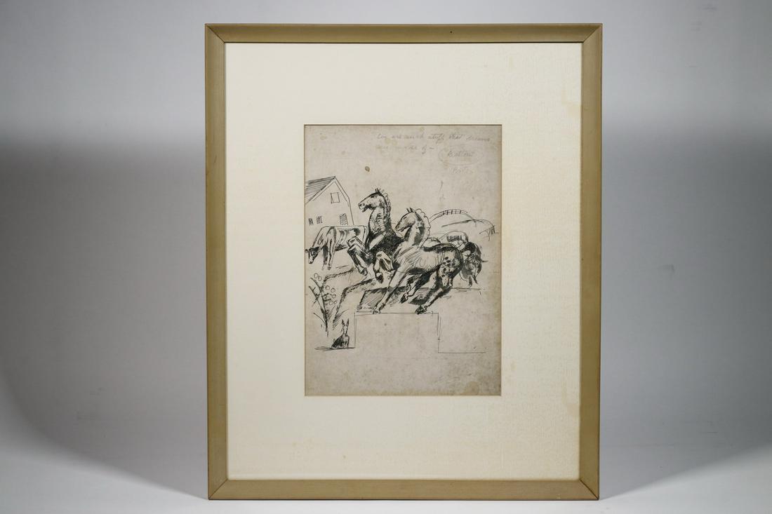 WILLIAM SOMMER (OH/MI, 1861-1949): "We are such stuff as dreams are made of...", ink on board, depicting horses, a cow and a dog, titled upper right in pencil, unsigned, but marked verso as being from his estate and having a label from
