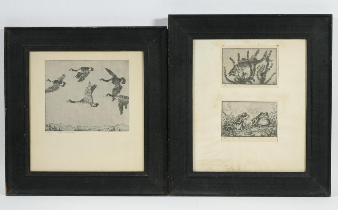 BENSON BOND MOORE (DC/FL, 1882-1974): (3) Etchings in (2) matching fumed oak frames, pencil signed, including: Canada Geese in Flight, OS: 14" x 13 1/2", impression: 6" x 7"; PLUS Fish & Frogs in two images, one frame, OS: 15" x 13 1/4",