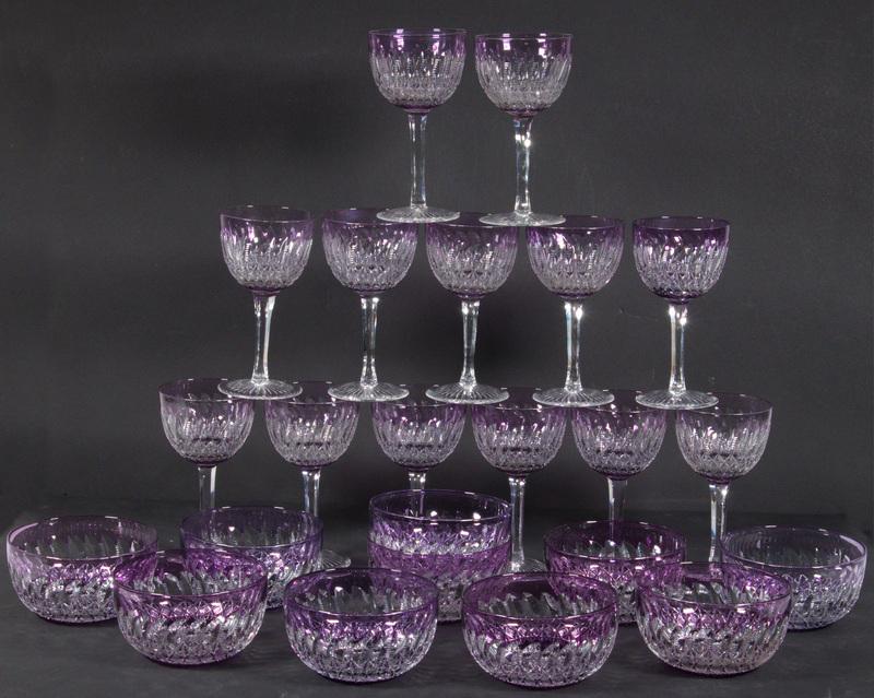ANTIQUE THOMAS WEBB CUT CRYSTAL: Lot of (23) Pieces of Webb English Amethyst Cut to Clear Glassware, mid-20th c., with acid etched round 'Webb, Made in England' mark, incl: (13) Wine glasses, 5 3/4" high, 3 1/8" diam.; and (10) Finge
