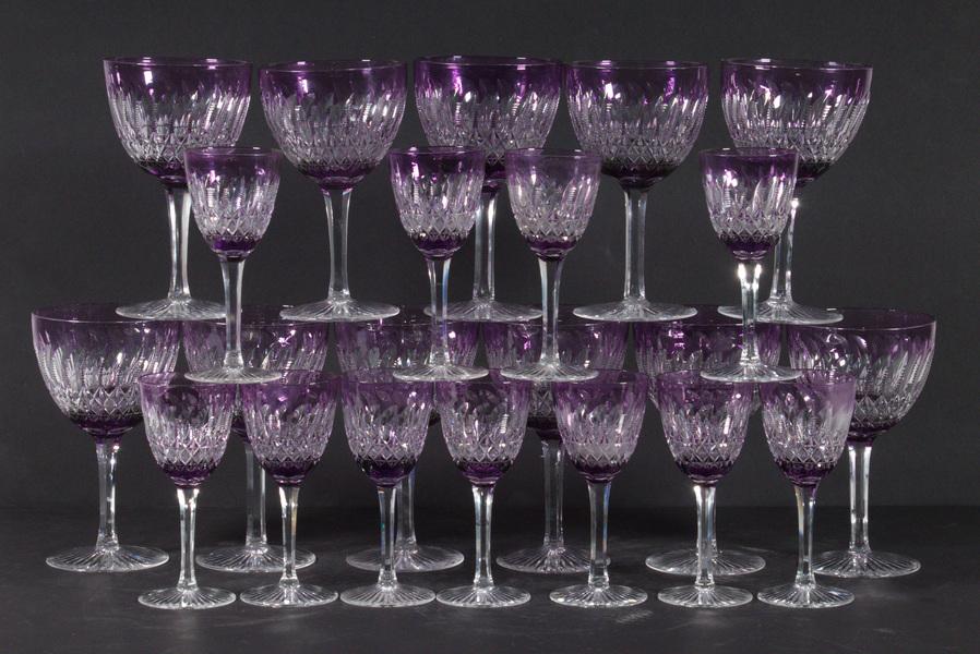 ANTIQUE THOMAS WEBB CUT TO CLEAR CRYSTAL STEMWARE: Lot of (22) Webb English Amethyst Cut to Clear Stems, mid-20th c., with clear stem and foot, acid etched round 'Webb, Made in England' mark, incl: (11) Goblets, 6 3/8" high, 3 3/4" diam.; and (11) Win