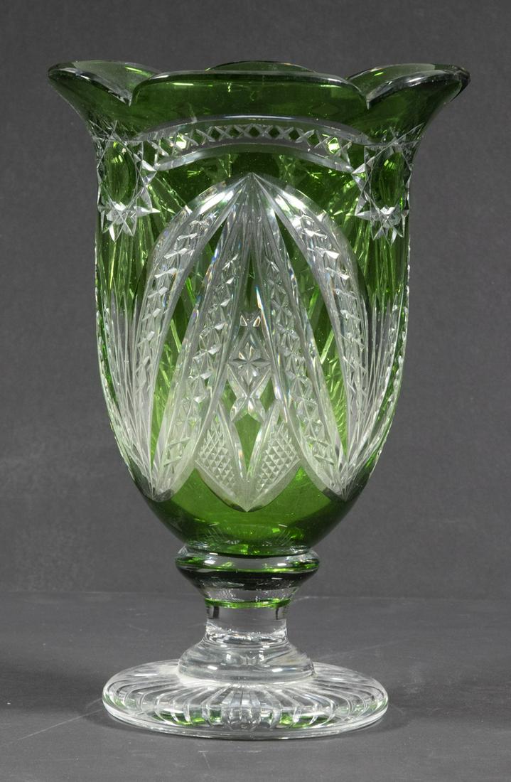 GREEN CUT TO CLEAR GLASS FOOTED VASE (1 of 2)