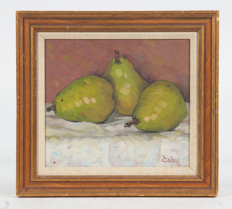 DON ESLEY (ME/NM, 1935 - ): Still Life of Three Pears, oil on masonite, signed lower right, in gold molded frame with linen liner, OS: 9 1/2" x 10 1/4", SS: 6 1/2" x 7 1/4". Good condition.