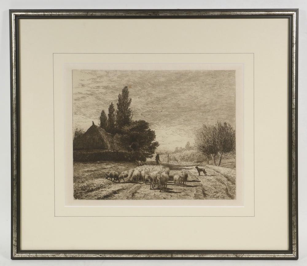 JOSEPH FOXCROFT COLE (MA/CA/ME, 1837-1892): Village Street in France With a Flock of Sheep, 1866, etching on paper, silver and black stick frame, glazed, OS: 14 1/2" x 16 3/4", impression: 7 1/2" x 9 1/2". Good condition.