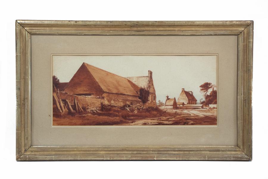 OTTO MINTON PLEISSNER (VT/NY, 1905-1983): Sepia Study of a French Farm, watercolor on paper, signed lower left, artist's copyright verso, also remnants of Liam MacBeth label, inventory stamp, housed in a fatigued lemon gold molded frame, matt