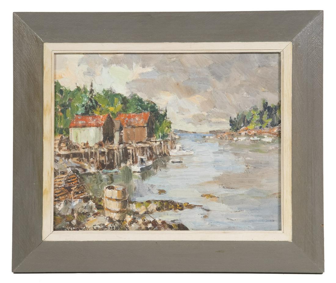 RICHARD SIGAFOOS (20TH C. MAINE): "Back Bay", oil on masonite, depicting shanties on a pier, signed lower left, titled on label verso, stamped with his Rockport, Maine address, housed in a two-tone grey painted frame, OS: 11" x 13", S