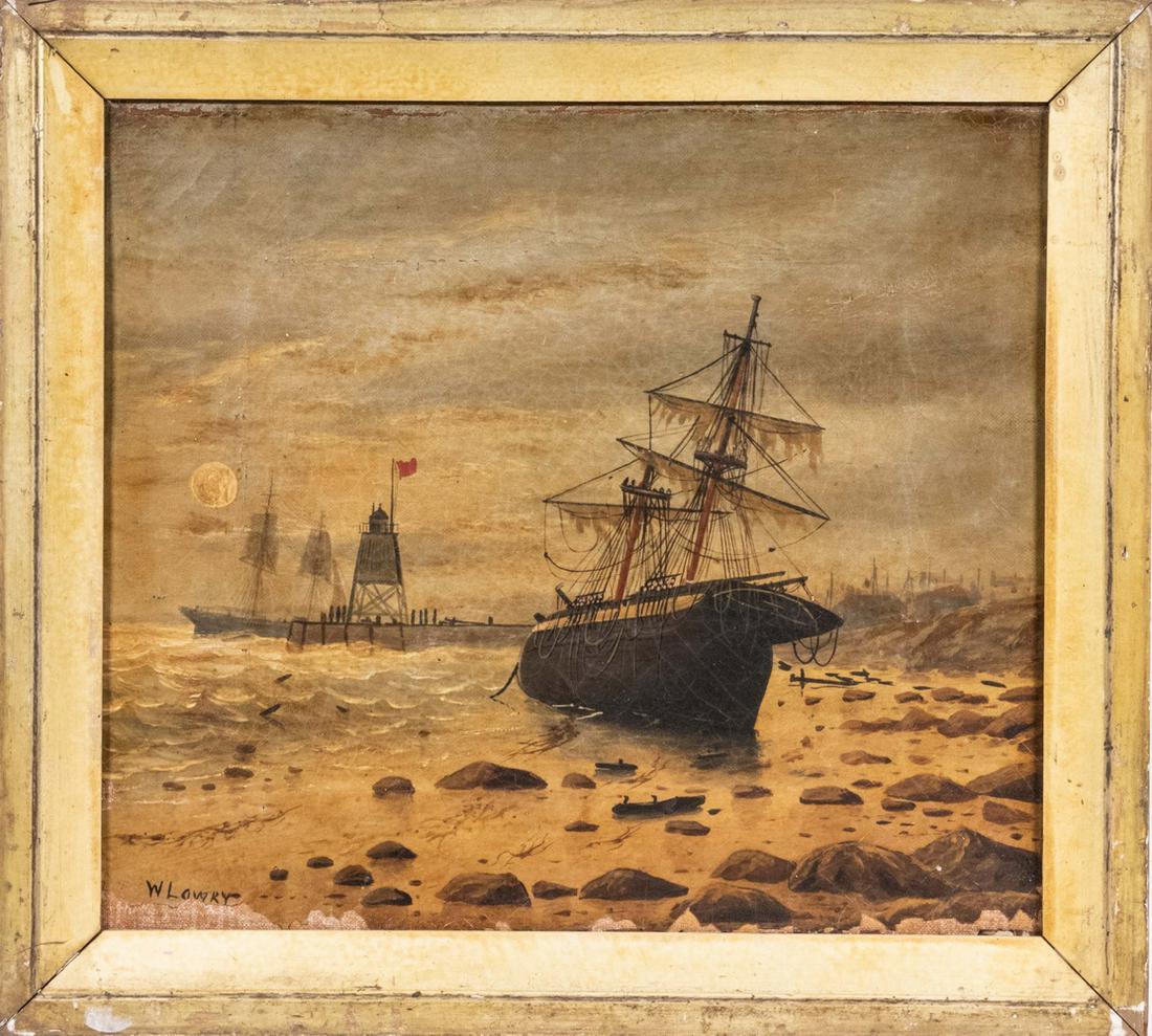 CIRCA 1890 FOLK ART MARINE PAINTING SIGNED "W. LOWRY" (1 of 4)