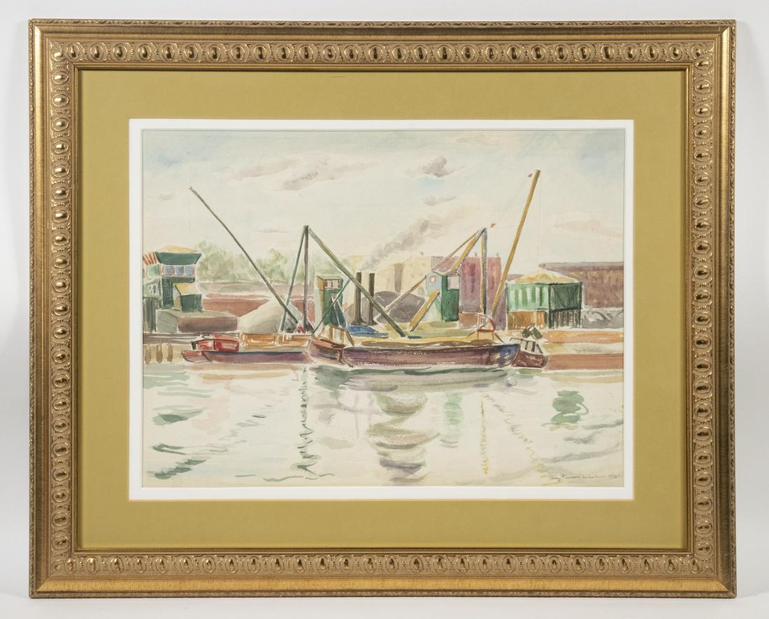 JOHN JEFFREY NEWMAN (NY, 1907-1953): "Harlem River", 1938, watercolor on paper, signed, dated and titled lower right, in modern gold frame with ochre mat, under plexiglass, OS: 18 1/2" x 22 1/2", SS: 11 1/2" x 15 1/2". Good condition.