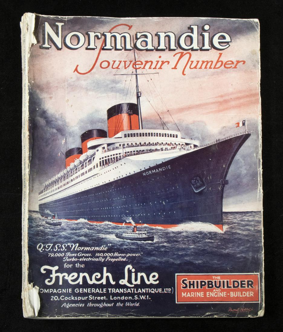 "NORMANDIE" SOUVENIR NUMBER OF SHIPBUILDER MAGAZINE,: The "Normandie": Souvenir Number of "The Shipbuilder and Marine Engine-Builder, June 1935", edited by A.G. Hood, London, United Kingdom: The Shipbuilder Press, 1935. Stapled soft covers. 56 pages of a