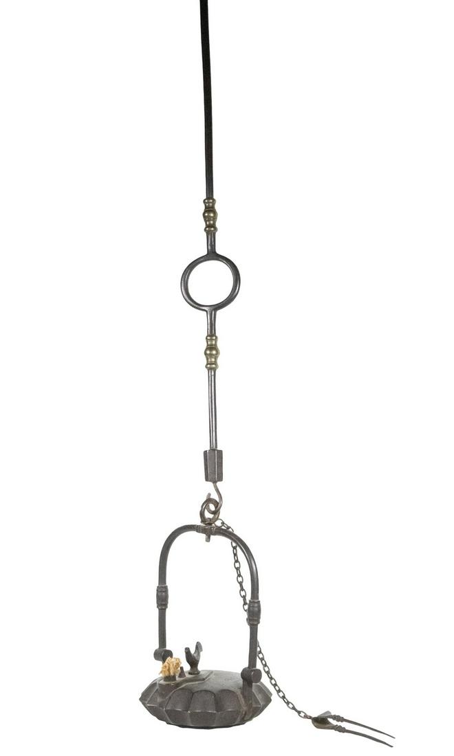 FRENCH WHALE OIL LAMP: 19th c. Cast Iron Hanging Lamp, probably for use by miners, with top handle and sticking tommy form iron and brass hanger, scalloped shape with decorating cockeral finial, stamped "Clozet, St. Etienne