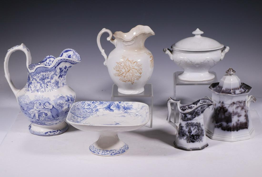 COLLECTION OF IRONSTONE: (6) Pcs of Plain and transfer decorated ironstone. (1) Water pitcher depicting children, 10 1/4" high x 7 1/4" diameter. (1) Square compote on pedestal base depicting windmill, 4 1/2" high, 8 1/2" x 8