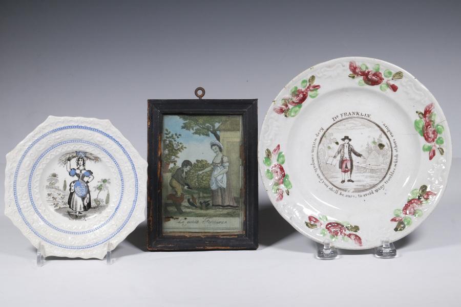 (2) TRANSFERWARE PLATES & (1) EARLY FRAMED ENGRAVING (1 of 1)