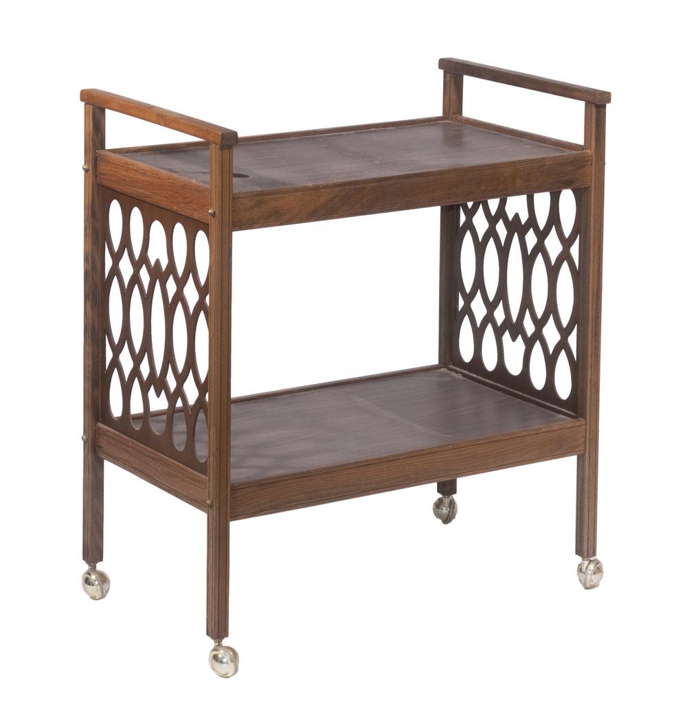 SERVING CART: Wood Framed Stand with Wheels, with side handles, wood grained particle board shelves, 33 1/4" high, 29 1/4" x 17 1/2". Surface wear.