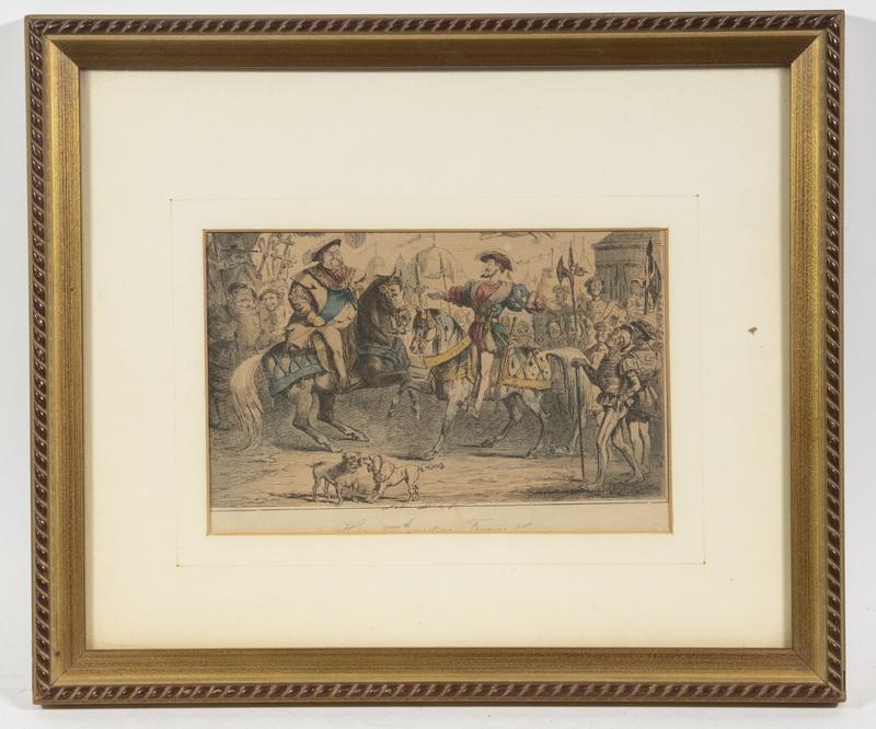 JOHN LEECH (UK, 1817-1864): Francis I of France & Henry XIII meeting "The Field of the Cloth of Gold", 7 to 24 June 1520, Balingham, France. Hand colored engraving, in gold frame, matted and glazed, OS: 10" x 11 3/4", SS: 4 1/2"