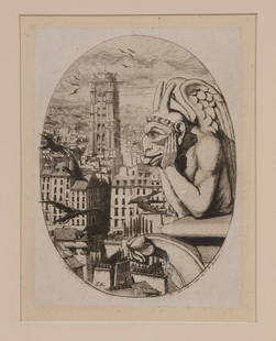 CHARLES MERYON (FRANCE, 1821-1868): ?Le Stryge?, (The Vampire), 1853, etching on paper, an oval image of Notre Game Gargoyle, signed and dated in plate, in black stick frame, matted and glazed, OS: 13 1/4" x 11 1/4", impression: 6 1/2"