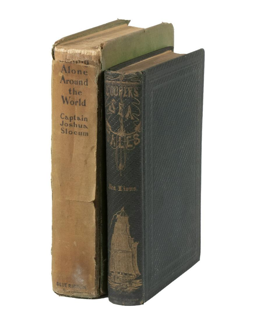 (2) BOOKS EARLY SEA TALES, BIOGRAPHIES: Including: "Cooper's Sea Tales: Sea Lions; or, The Lost Sealers" by J. Fennimore Cooper, New York, James G. Gregory, 1864, in blind stamped green cloth binding with gold title and decoration on spine,
