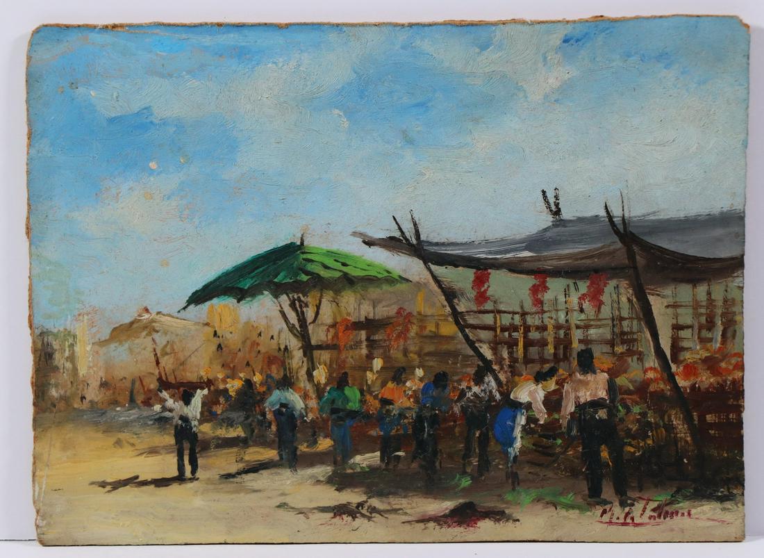20TH C. SPANISH OR ITALIAN MARKET SCENE, ILLEGIBLY SIGNED: Oil on Masonite, signed lower right 'Talvera' (?), 7" x 9 1/2", rounded corners. Unframed. Charming.