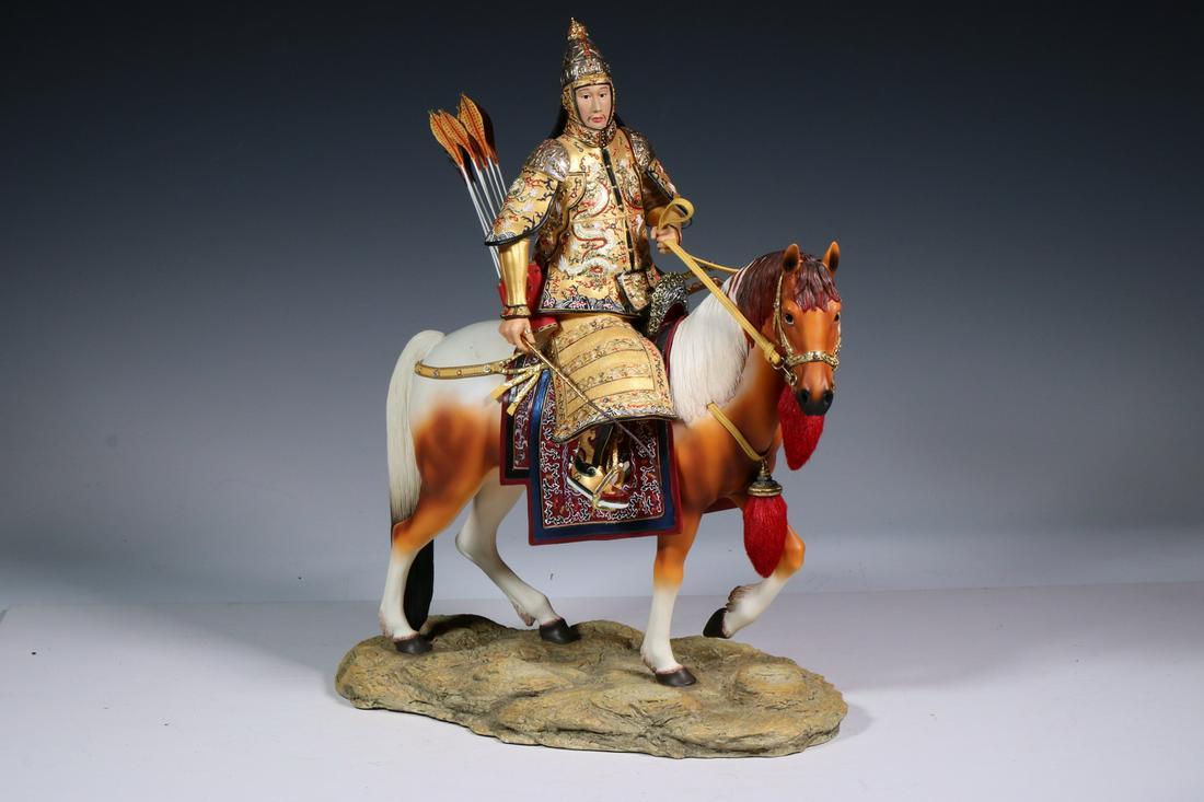 CONTEMPORARY RESIN SCULPTURE OF A CHINESE WARRIOR EMPEROR ON HORSEBACK (1 of 3)