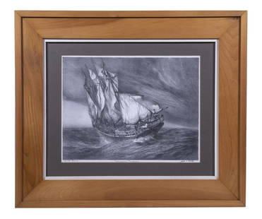 JOHN ALEXANDER HARRISON NOBLE (NY/FRANCE, 1913-1983): "Wild Calm, Schooner's Progress", lithograph, 1952, pencil signed and titled, Urban 25, in a natural pine frame with white inner lip, double mat, glazed, OS: 22 3/4" x 26 3/4", image: 11 3/4" x 15 3/4