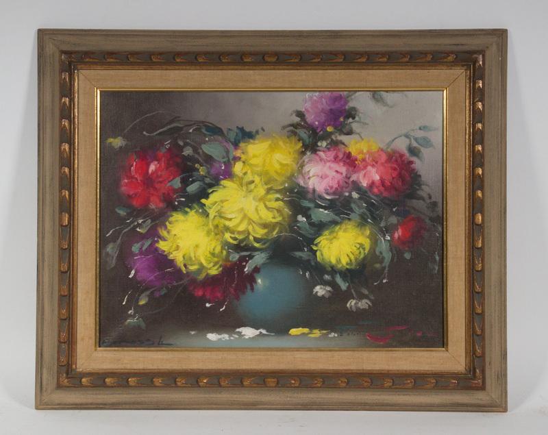 1970'S FLORAL STILL LIFE SIGNED "BEROSS, L.": A Blue Bowl of Multicolored Zinnias, oil on canvas, signed lower left, in a carved gold and tan frame with linen liner, OS: 17" x 21", SS: 11 1/2" x 15 1/2". Good condition.