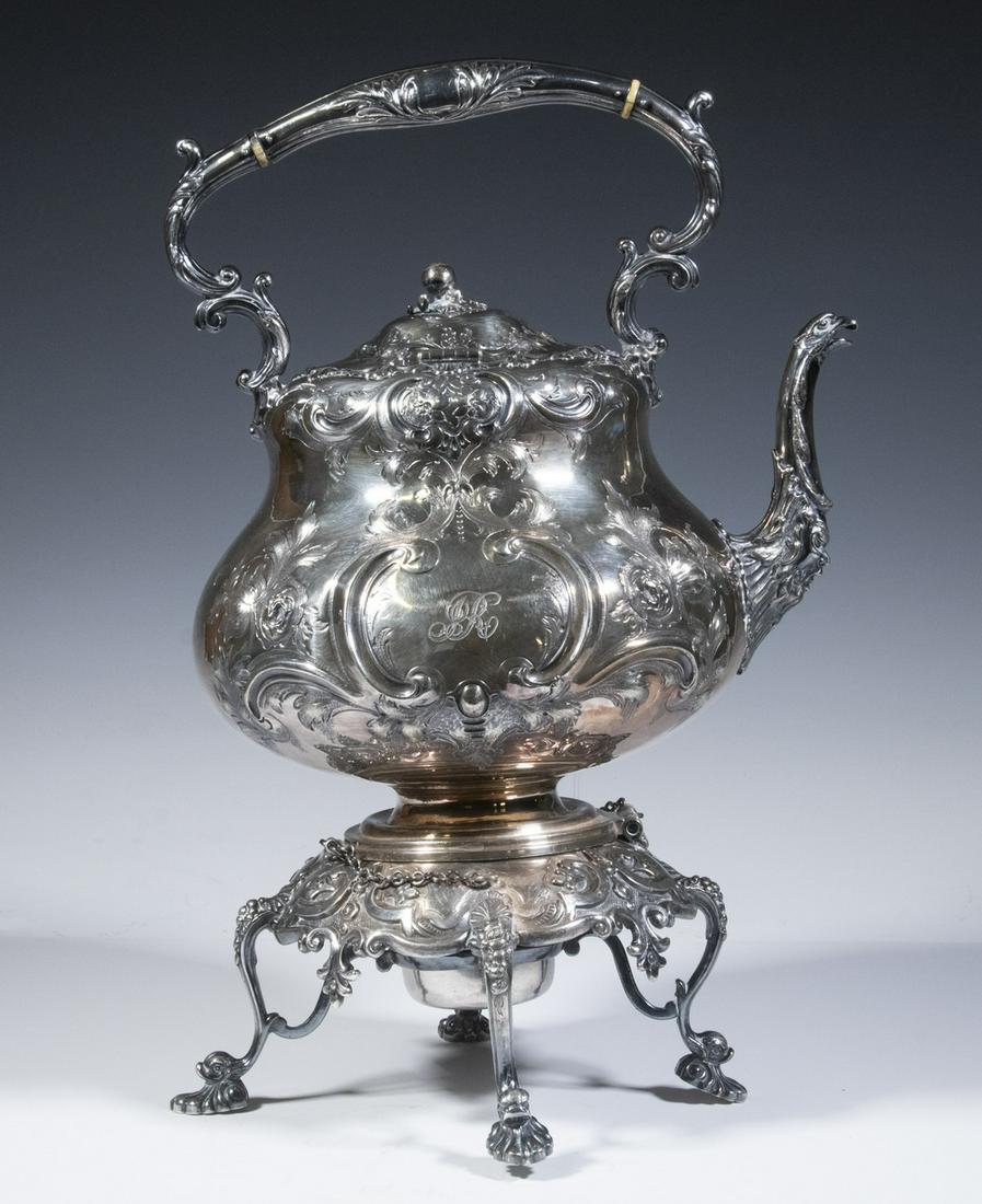 VICTORIAN SILVER-PLATE HOT WATER POT ON STAND (1 of 5)