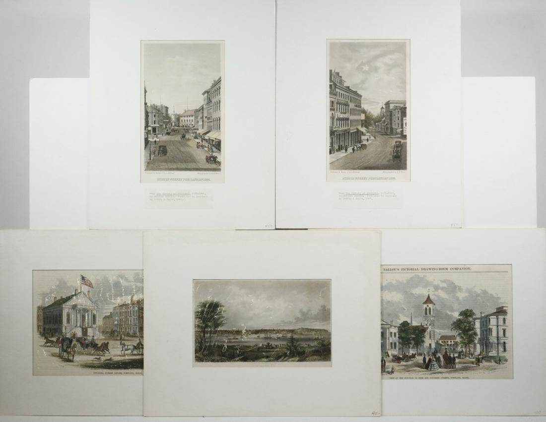 (5) 19TH C. VIEWS OF PORTLAND, HAND COLORED ENGRAVINGS, UNFRAMED, MATTED, IN FOLIO: Illustrations from "The History of Portand 1632-1864", by William Willis, published in Portland by Bailey & Noyes, 1865, matted but not framed, including: "Middle Street, Portland, Me., 1863; same loo