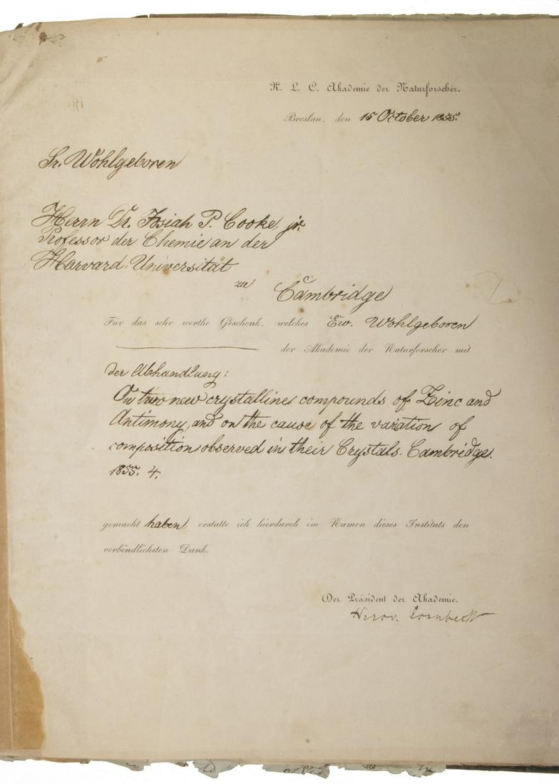BINDER OF CORRESPONDENCE JOSIAH PARSONS COOK, HARVARD PROFESSOR OF CHEMISTRY, 1840S TO 1850S (1 of 4)