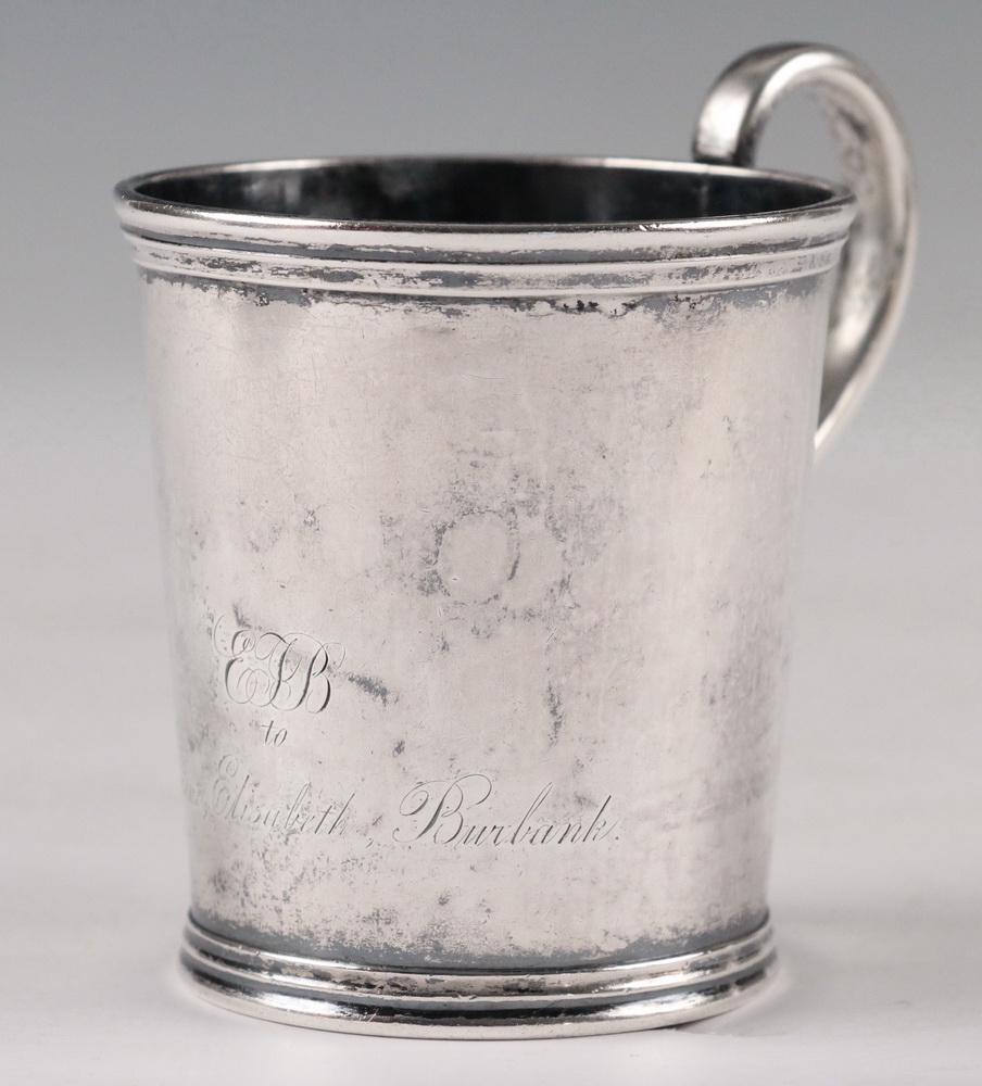 COIN SILVER CANN: American Coin Silver Mug by A.L. Dennison & Co. (Aaron Lufkin Dennison), Boston, MA, 1839-1849, tapered cylindrical shape with molded base and top rim bands, scroll handle, engraved 'ETB to Catherine 