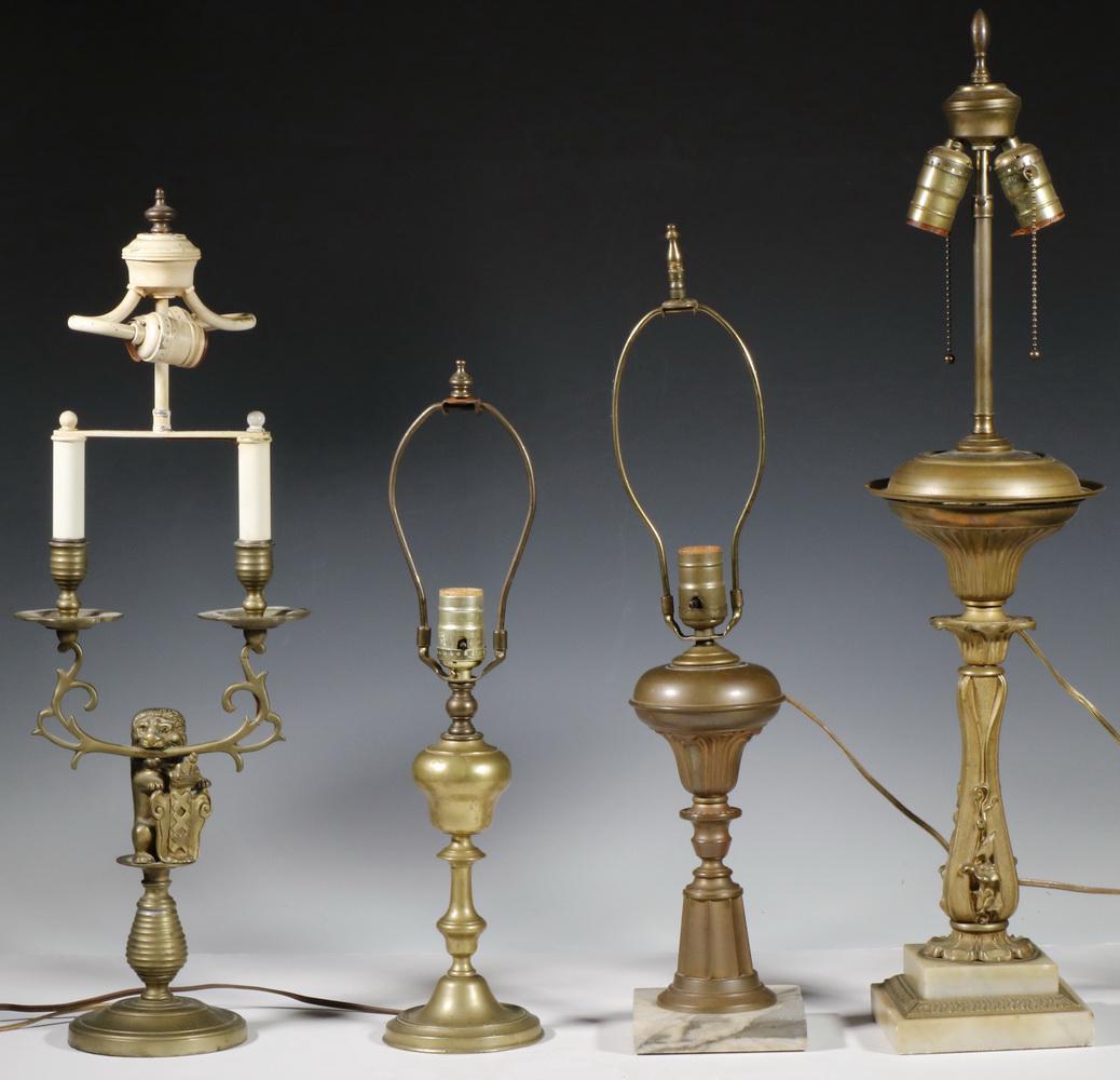 COLLECTION OF (4) VINTAGE BRASS TABLE LAMPS: (1) Two-light lamp with decorative foliate column and two step marble base with brass embossed trim. 29" high. Minor nicks in marble. (1) Brass lamp with turned column base. 13" high. Small chip on co