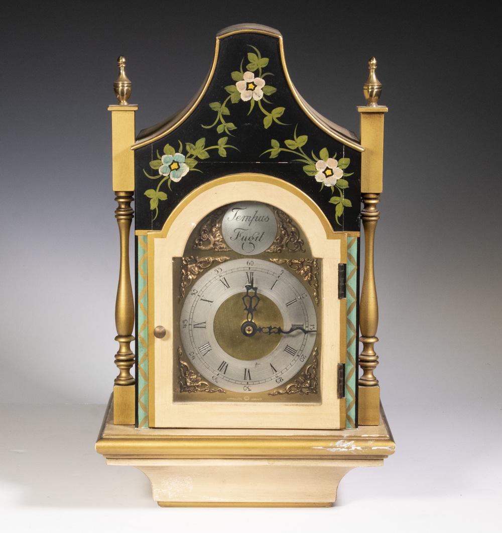 PAINTED SHELF CLOCK: Battery Operated Clock, originally the top section of a floorstanding grandmother clock, with floral painted front and side panels, metal dial marked "Tempus Fugit" and "Winterhalder, Germany", hinged