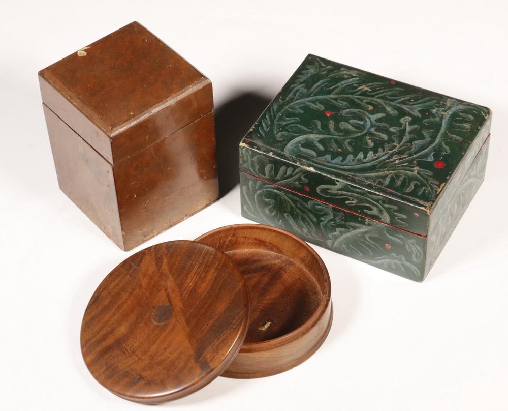 (3) VINTAGE WOODEN TRINKET BOXES: Group of (3) Small Wooden Boxes, including: Square burlwood box with hinged lid and beveled edge, 3 1/2" high, 2 1/2" sq., nicks and dings, loose hinge; Paint decorated rectangular trinket box, in gre