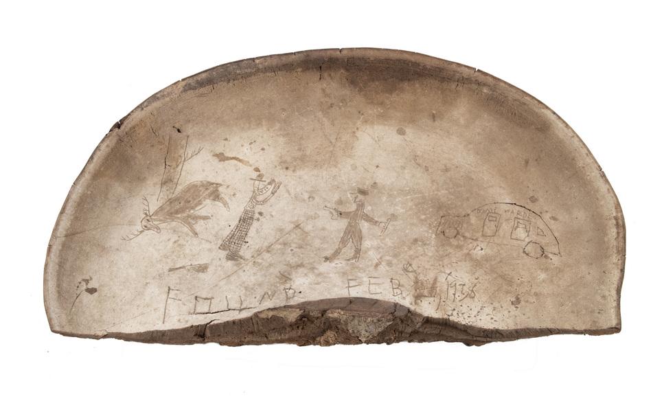 1930'S MAINE FOLK ART ENGRAVED SHELF FUNGUS: Large Demilune Fungus engraved with a naive image of a Game Warden near his car, pointing his pistol at a man who has just killed a deer, he has dropped his rifle and raised his hands, the unfortunate