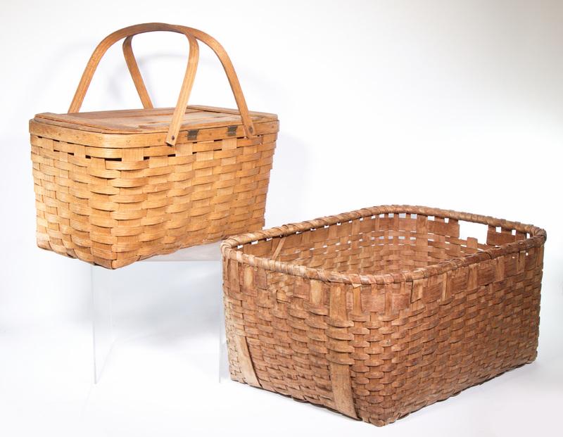(2) VINTAGE SPLINT BASKETS: Lot of (2) Splint Baskets, incl: Rectangular laundry basket, with side handles, 11" high, 26" x 18", several broken splints near base; and Picnic basket, with two swing handles, hinged lid, 10 1/2" hi