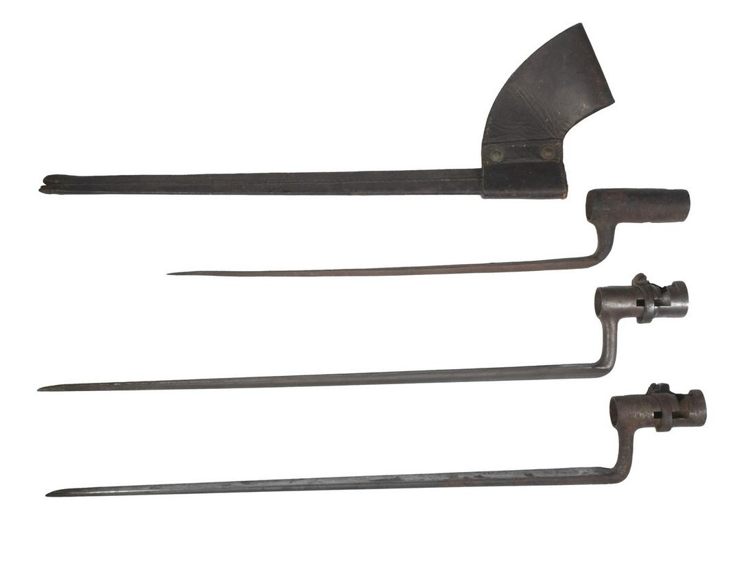(3) VINTAGE BAYONETS, ONE W/ LEATHER SCABBARD: (2) US Civil War Bayonets, twist-lock, 21" overall, Span-An War with brown leather belt scabbard, 20" overall.